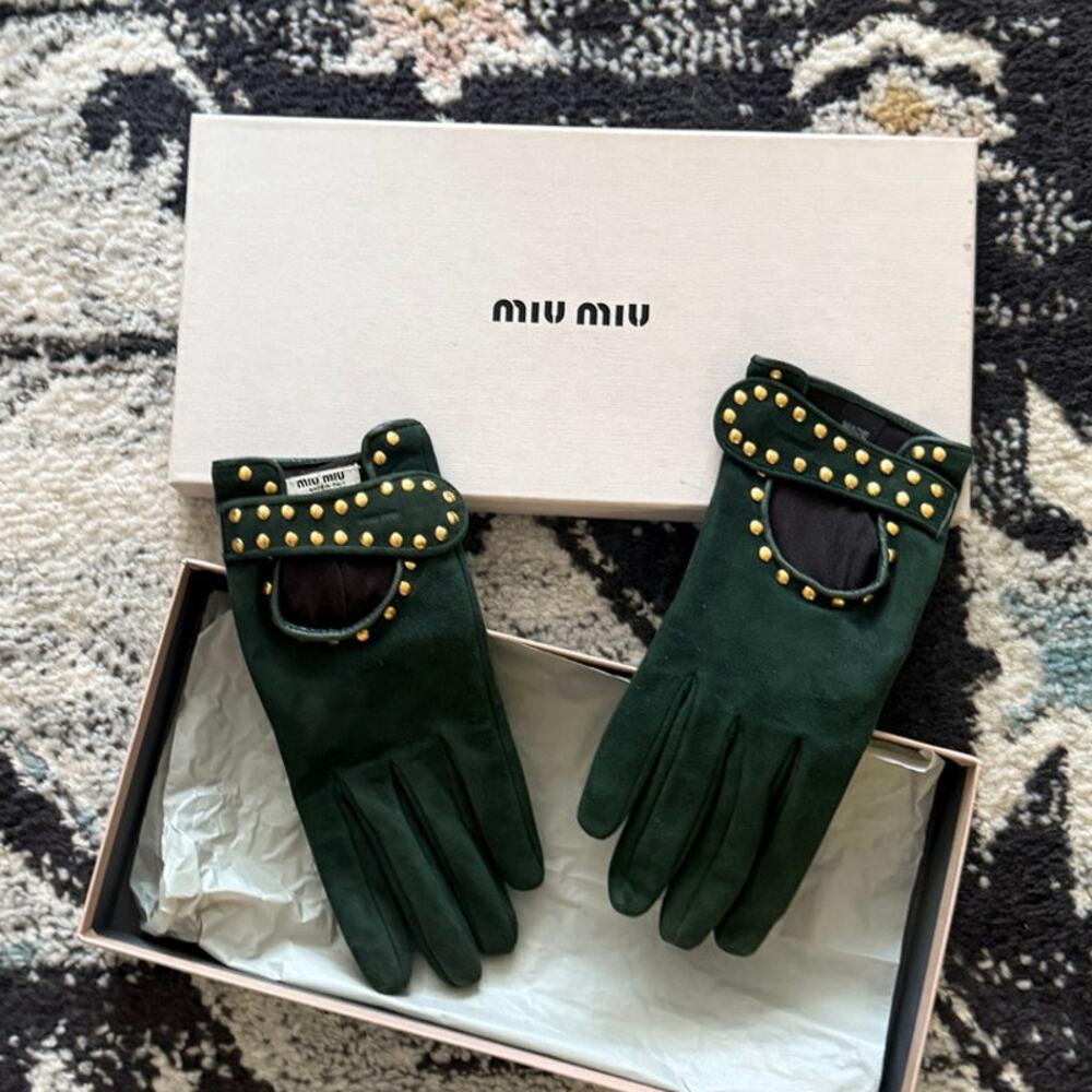 ULTRA RARE Miu Miu Suede Forest Green Gold Stud Gloves